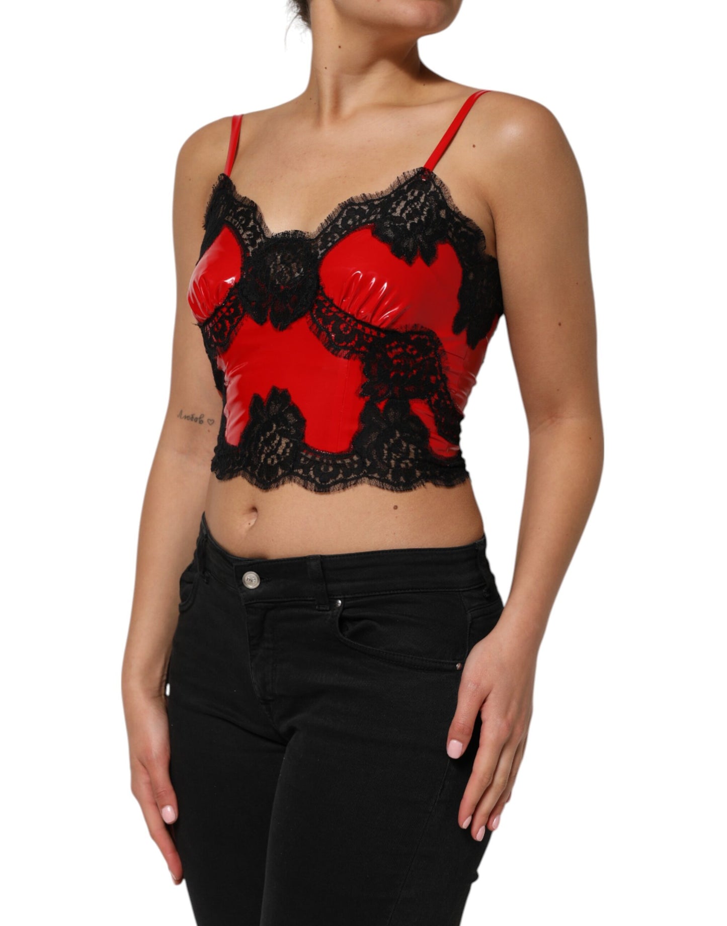 Dolce &amp; Gabbana Red Black Lace Trim Polyester Sleeveless Tank Top