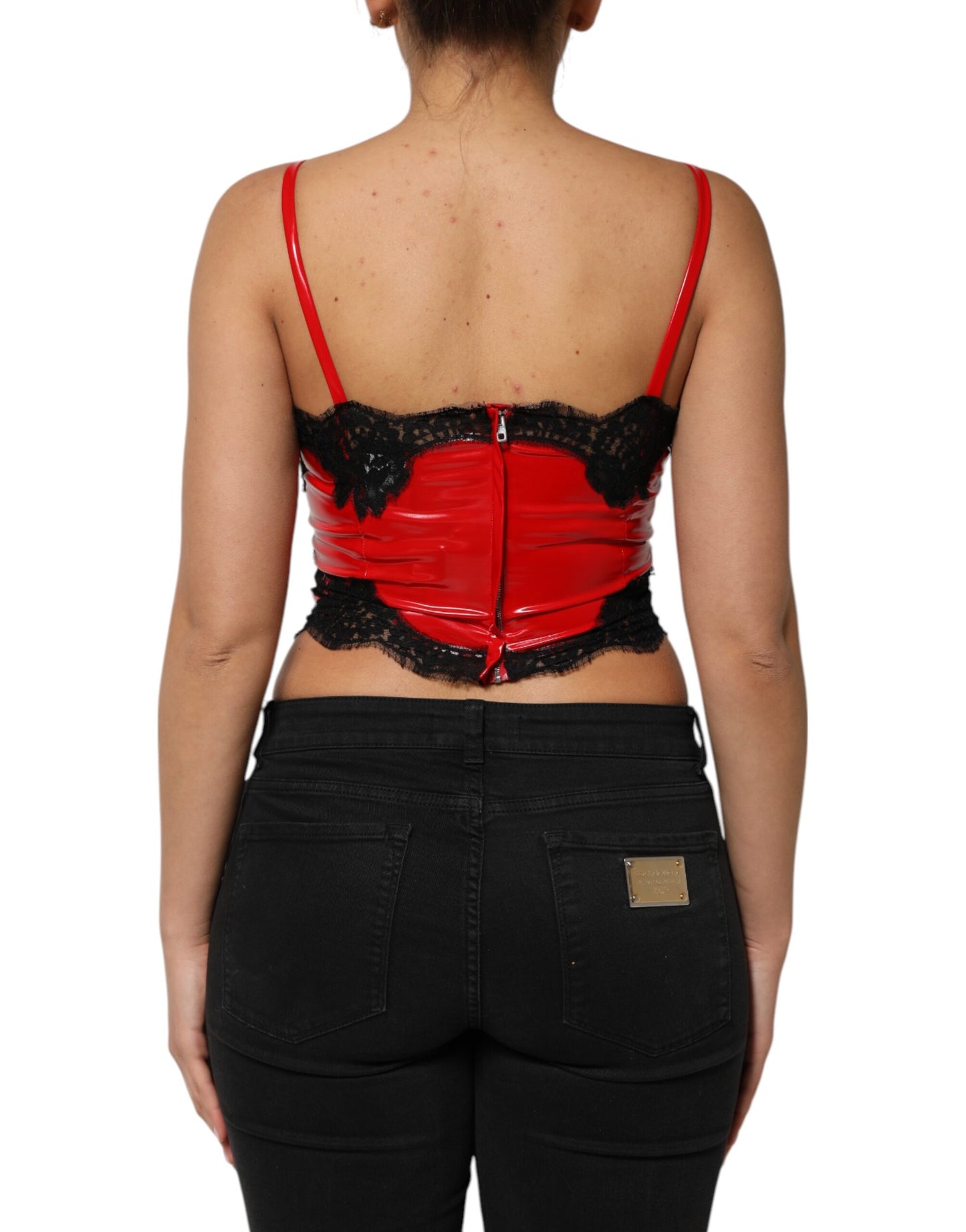Dolce &amp; Gabbana Red Black Lace Trim Polyester Sleeveless Tank Top