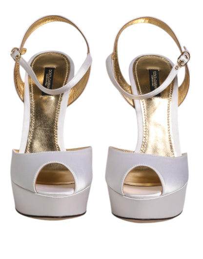 Dolce &amp; Gabbana White Satin Platform Heels Sandals Shoes