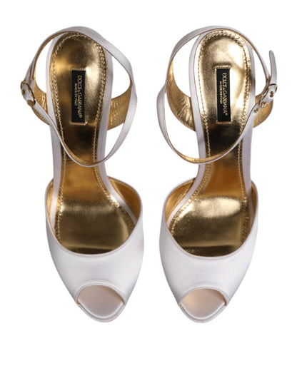 Dolce &amp; Gabbana White Satin Platform Heels Sandals Shoes