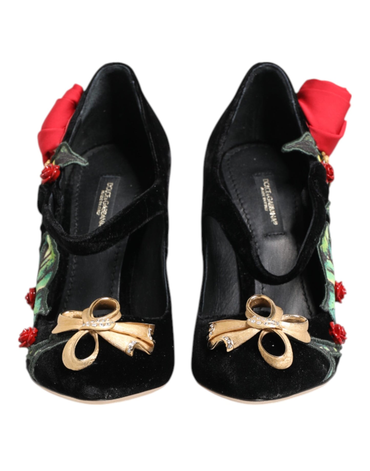 Dolce &amp; Gabbana Black Roses Crystal Brooch Mary Jane Shoes