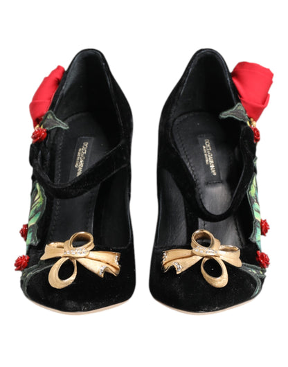 Dolce &amp; Gabbana Black Roses Crystal Brooch Mary Jane Shoes