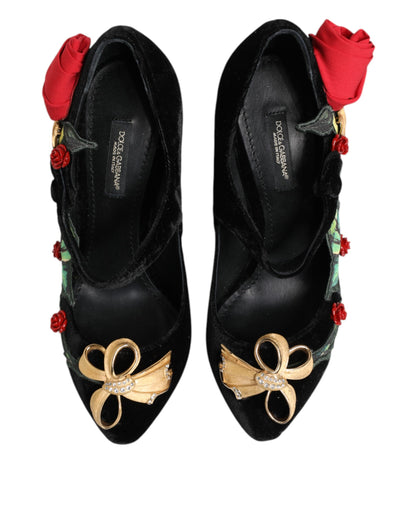 Dolce &amp; Gabbana Black Roses Crystal Brooch Mary Jane Shoes