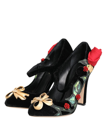 Dolce &amp; Gabbana Black Roses Crystal Brooch Mary Jane Shoes