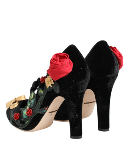 Dolce &amp; Gabbana Black Roses Crystal Brooch Mary Jane Shoes