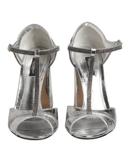 Dolce &amp; Gabbana Silver Leather T-strap Heels Sandals Shoes
