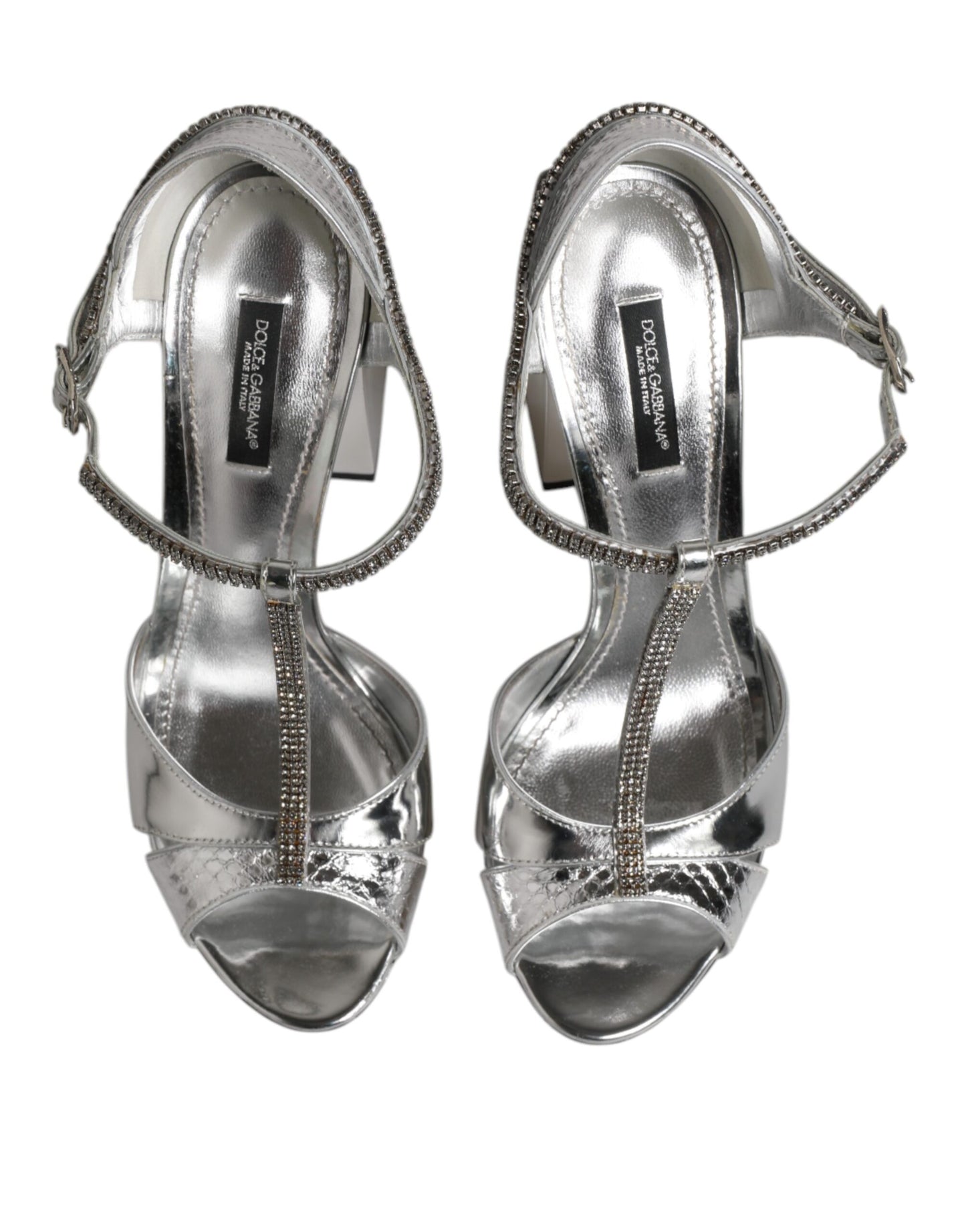 Dolce &amp; Gabbana Silver Leather T-strap Heels Sandals Shoes