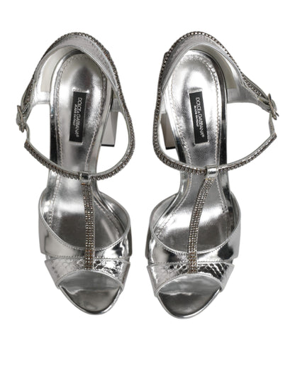 Dolce &amp; Gabbana Silver Leather T-strap Heels Sandals Shoes