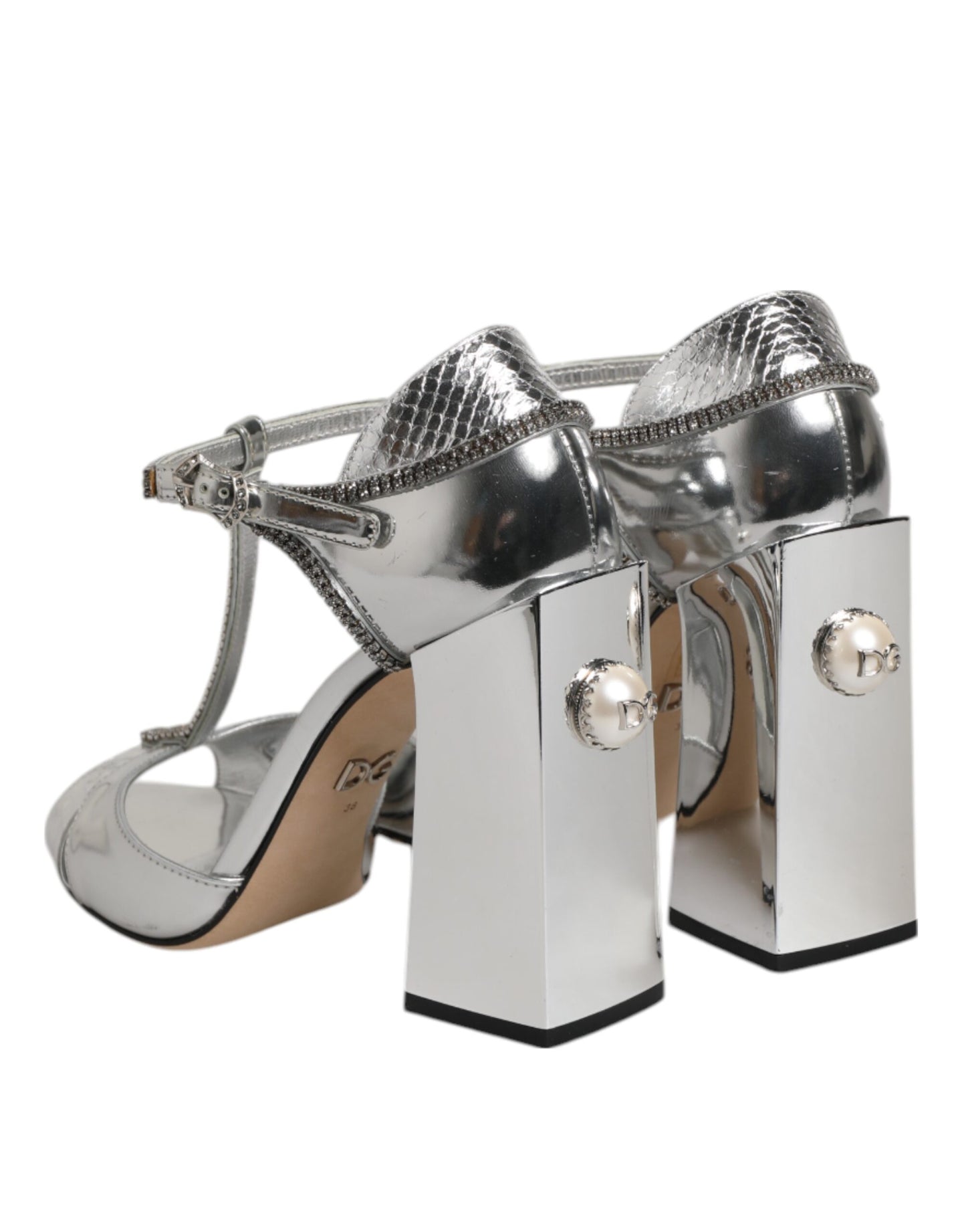 Dolce &amp; Gabbana Silver Leather T-strap Heels Sandals Shoes