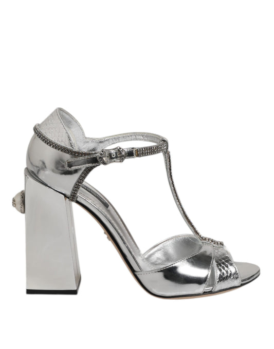 Dolce &amp; Gabbana Silver Leather T-strap Heels Sandals Shoes