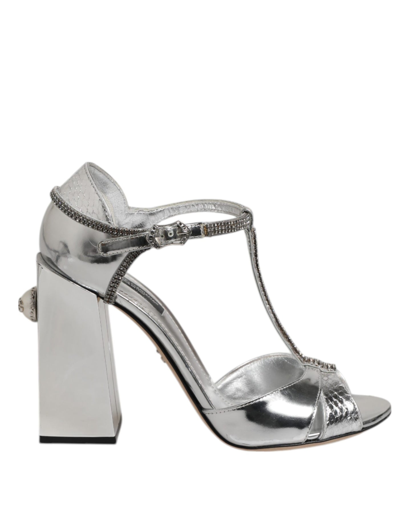 Dolce &amp; Gabbana Silver Leather T-strap Heels Sandals Shoes
