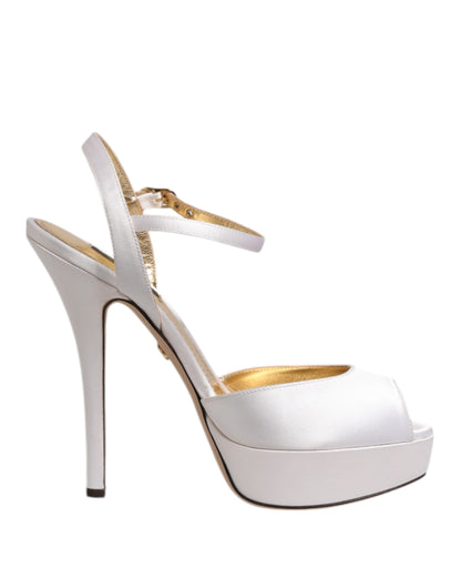 Dolce &amp; Gabbana White Satin Platform Heels Sandals Shoes