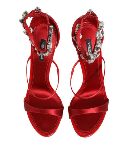 Dolce &amp; Gabbana Red Satin Crystals Keira Sandals Heels Shoes