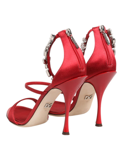 Dolce &amp; Gabbana Red Satin Crystals Keira Sandals Heels Shoes
