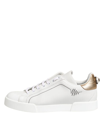Dolce &amp; Gabbana White Gold Leather Low Top Sneakers Shoes