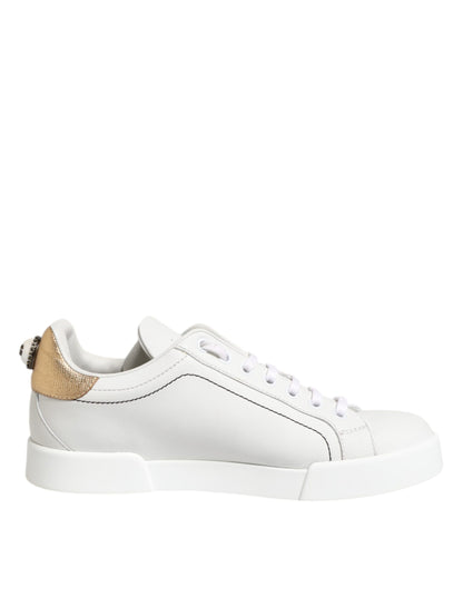 Dolce &amp; Gabbana White Gold Leather Low Top Sneakers Shoes