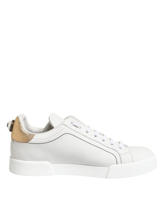 Dolce &amp; Gabbana White Gold Leather Low Top Sneakers Shoes