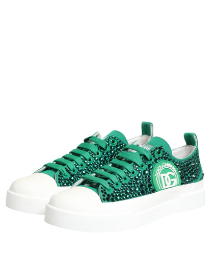 Dolce &amp; Gabbana Green Portofino Crystal DG Logo Sneakers Shoes
