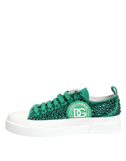 Dolce &amp; Gabbana Green Portofino Crystal DG Logo Sneakers Shoes