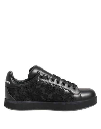 Dolce &amp; Gabbana Black Floral Lace Low Top Sneakers Shoes