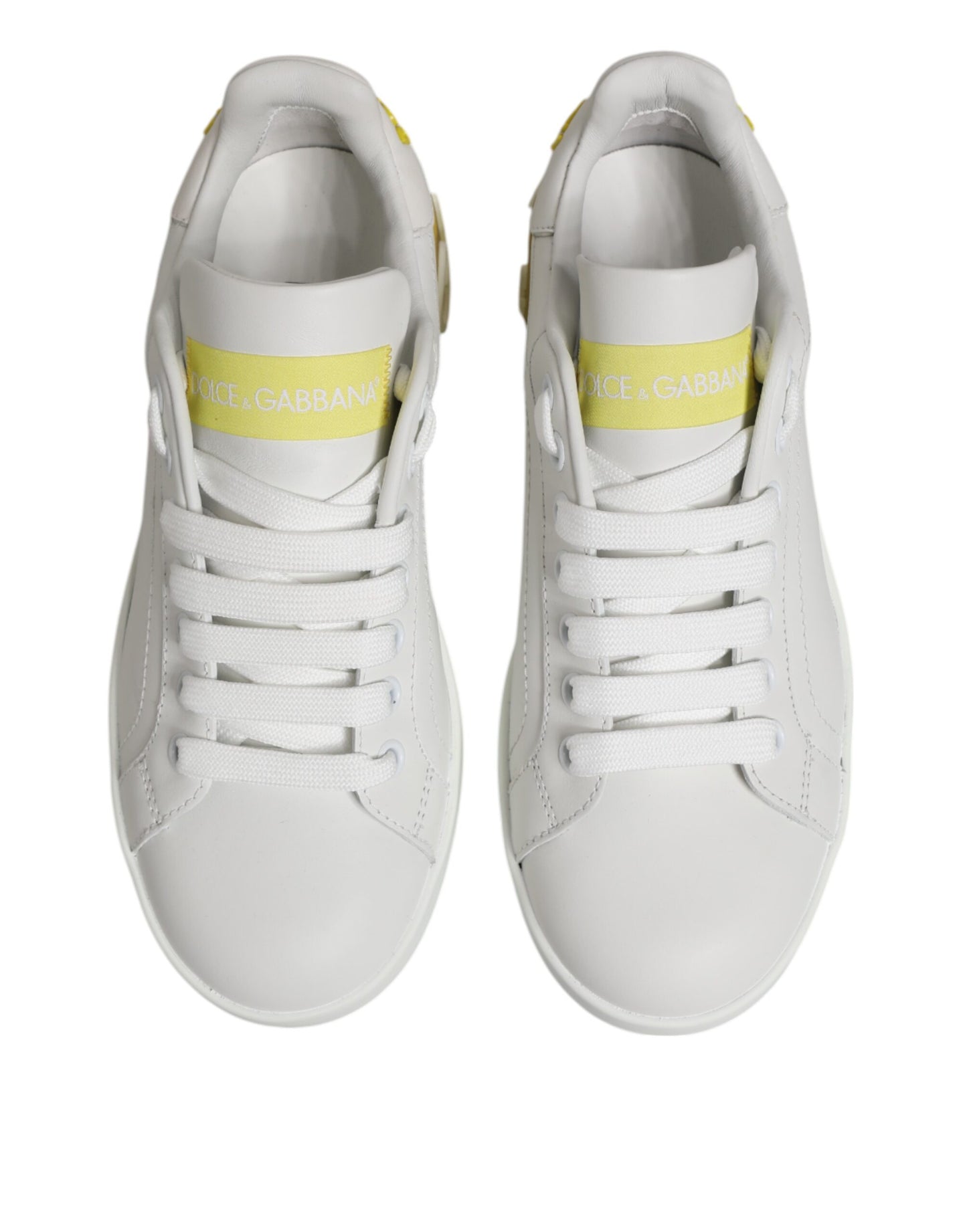 Dolce &amp; Gabbana White Yellow Leather Low Top Sneakers Shoes