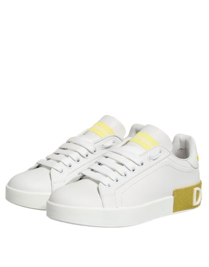 Dolce &amp; Gabbana White Yellow Leather Low Top Sneakers Shoes