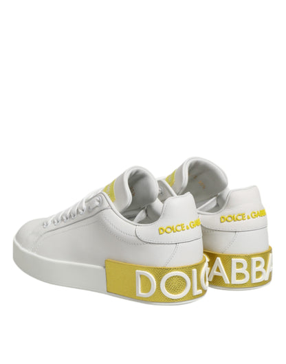 Dolce &amp; Gabbana White Yellow Leather Low Top Sneakers Shoes