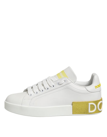Dolce &amp; Gabbana White Yellow Leather Low Top Sneakers Shoes