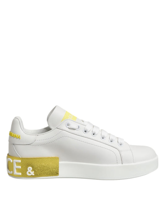 Dolce &amp; Gabbana White Yellow Leather Low Top Sneakers Shoes