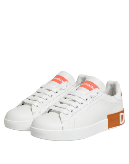 Dolce &amp; Gabbana White Orange Leather Low Top Sneakers Shoes