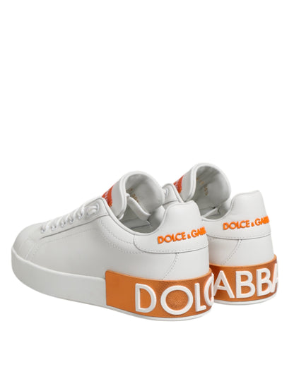 Dolce &amp; Gabbana White Orange Leather Low Top Sneakers Shoes