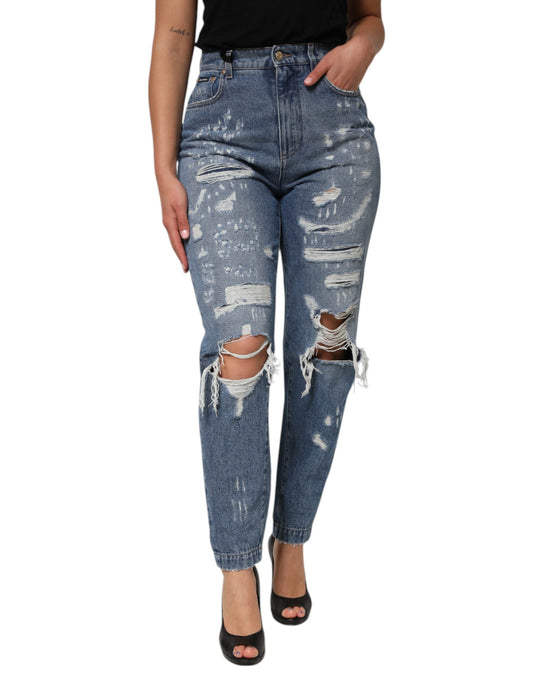 Dolce &amp; Gabbana Blue Tattered High Waist Women Denim Jeans