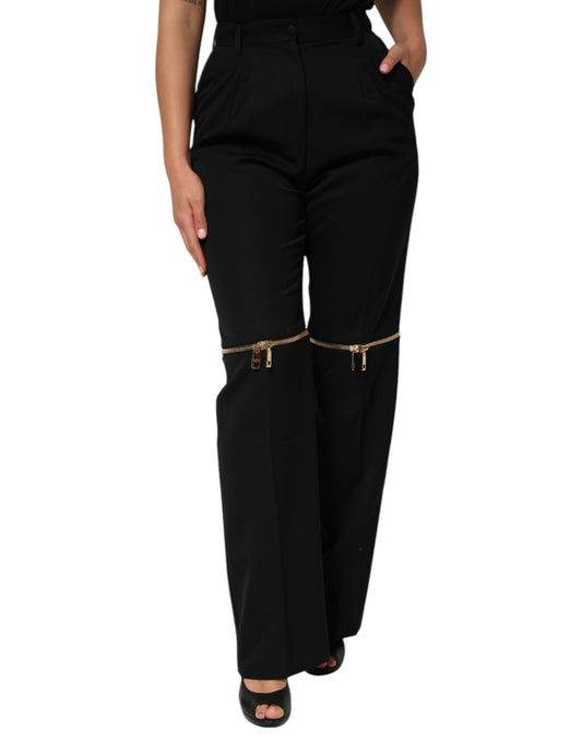 Dolce &amp; Gabbana Black Zip Detailed Wool Straight Leg Pants