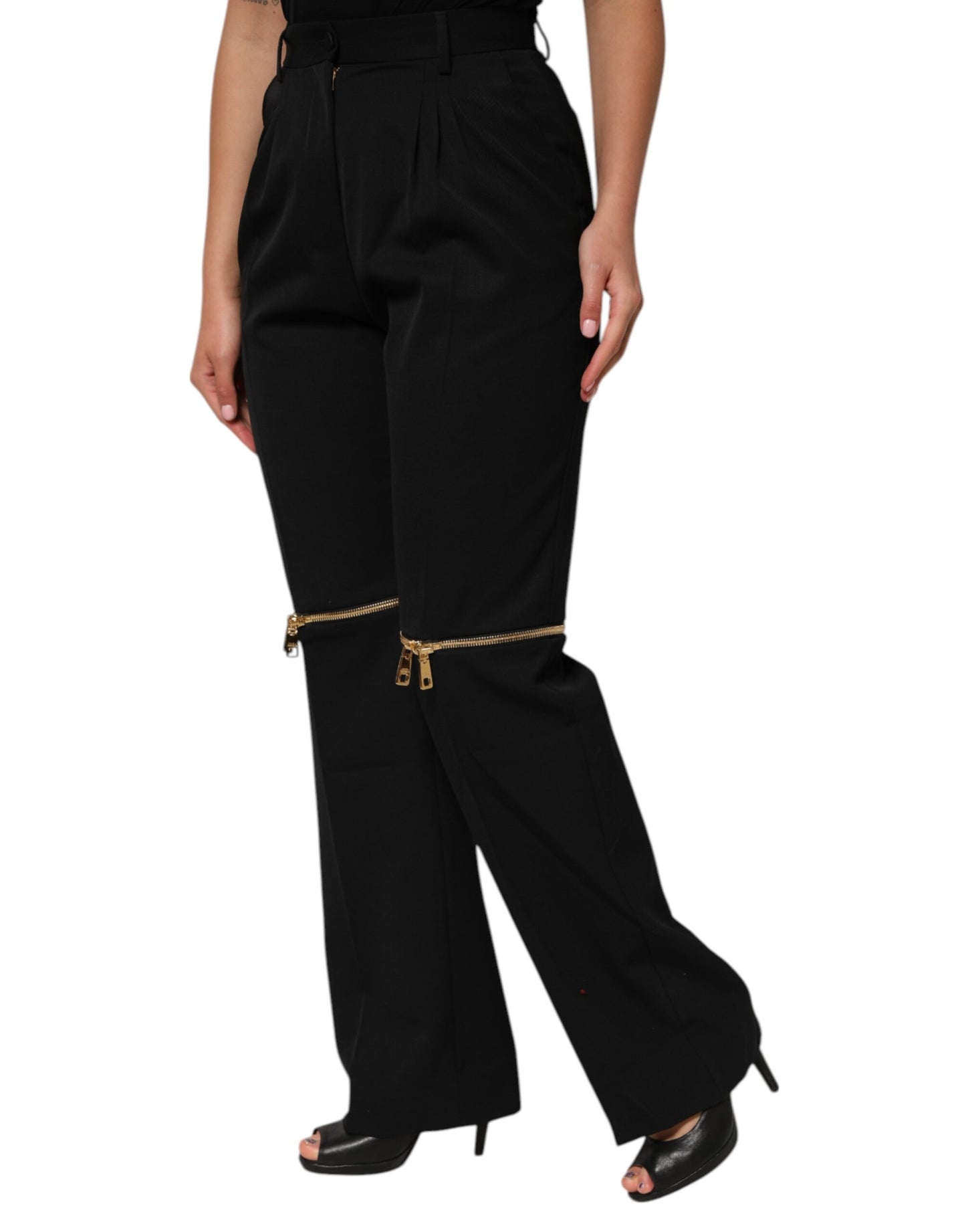 Dolce &amp; Gabbana Black Zip Detailed Wool Straight Leg Pants