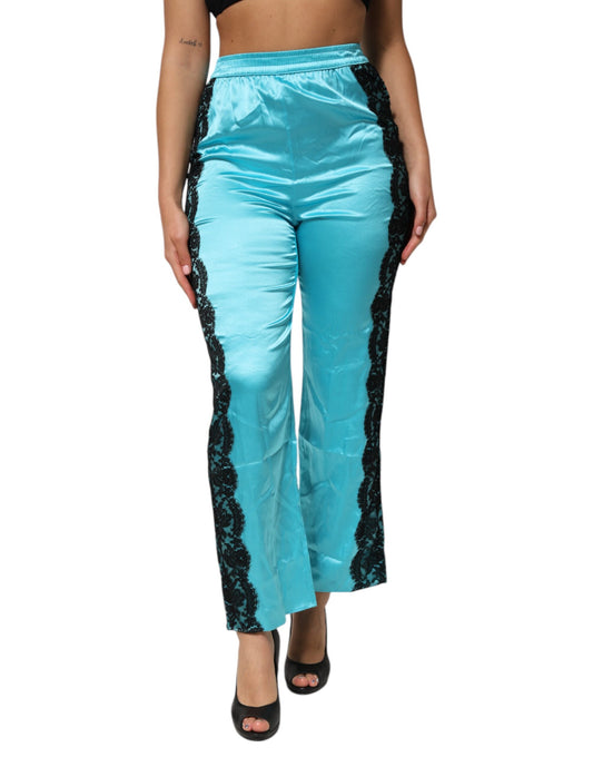 Dolce &amp; Gabbana Blue Silk Garterized Straight Women Pajama Pants