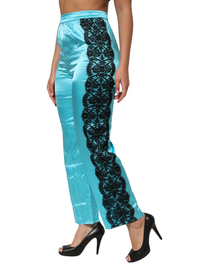 Dolce &amp; Gabbana Blue Silk Garterized Straight Women Pajama Pants