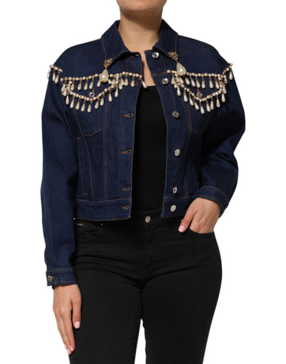 Dolce &amp; Gabbana Blue Cotton Denim Crystal Embellished Jacket