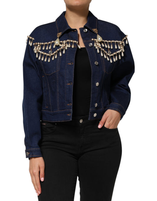 Dolce &amp; Gabbana Blue Cotton Denim Crystal Embellished Jacket