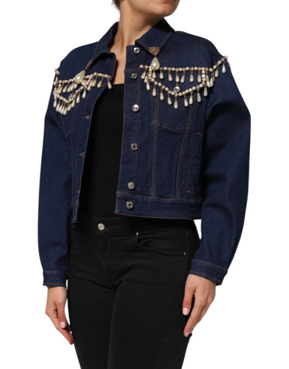 Dolce &amp; Gabbana Blue Cotton Denim Crystal Embellished Jacket