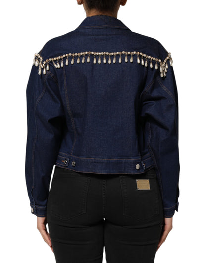 Dolce &amp; Gabbana Blue Cotton Denim Crystal Embellished Jacket