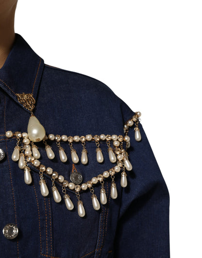 Dolce &amp; Gabbana Blue Cotton Denim Crystal Embellished Jacket