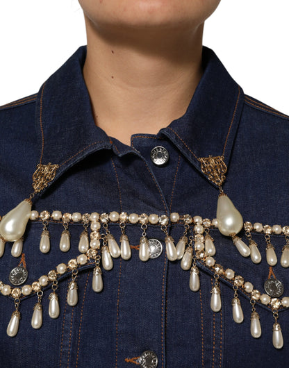 Dolce &amp; Gabbana Blue Cotton Denim Crystal Embellished Jacket