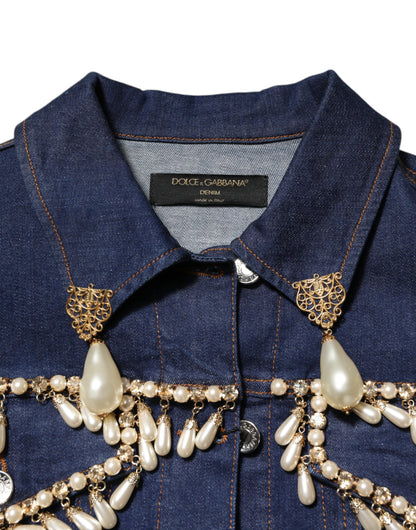 Dolce &amp; Gabbana Blue Cotton Denim Crystal Embellished Jacket