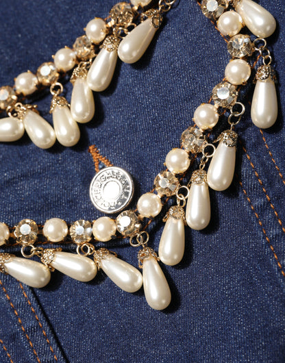 Dolce &amp; Gabbana Blue Cotton Denim Crystal Embellished Jacket