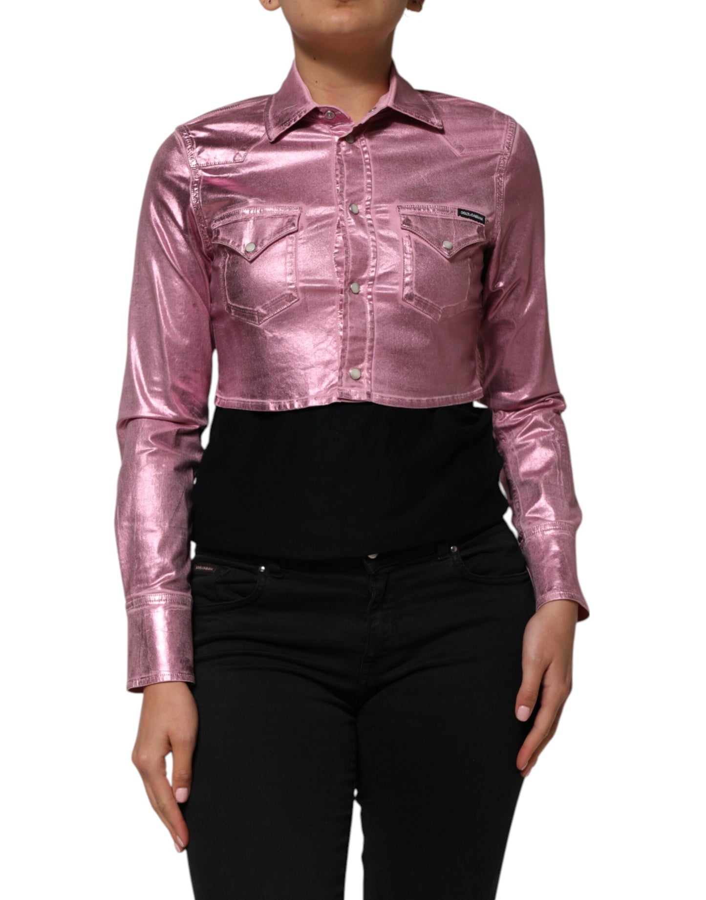 Dolce &amp; Gabbana Pink Cotton Stretch Collared Cropped Jacket