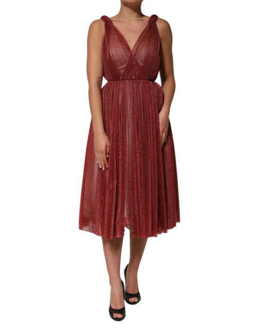 Dolce &amp; Gabbana Burgundy Mesh Sleeveless Midi A-line Dress