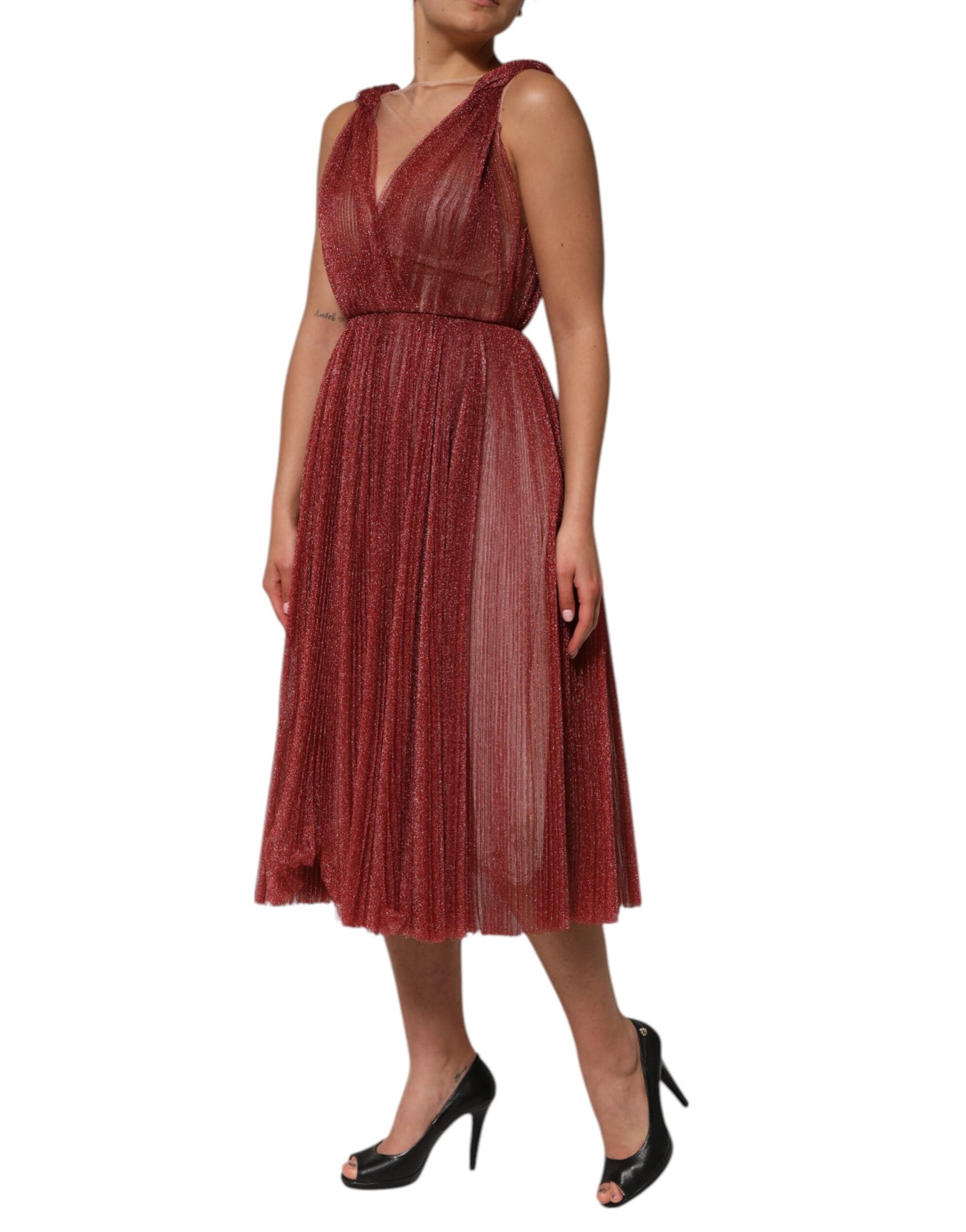 Dolce &amp; Gabbana Burgundy Mesh Sleeveless Midi A-line Dress