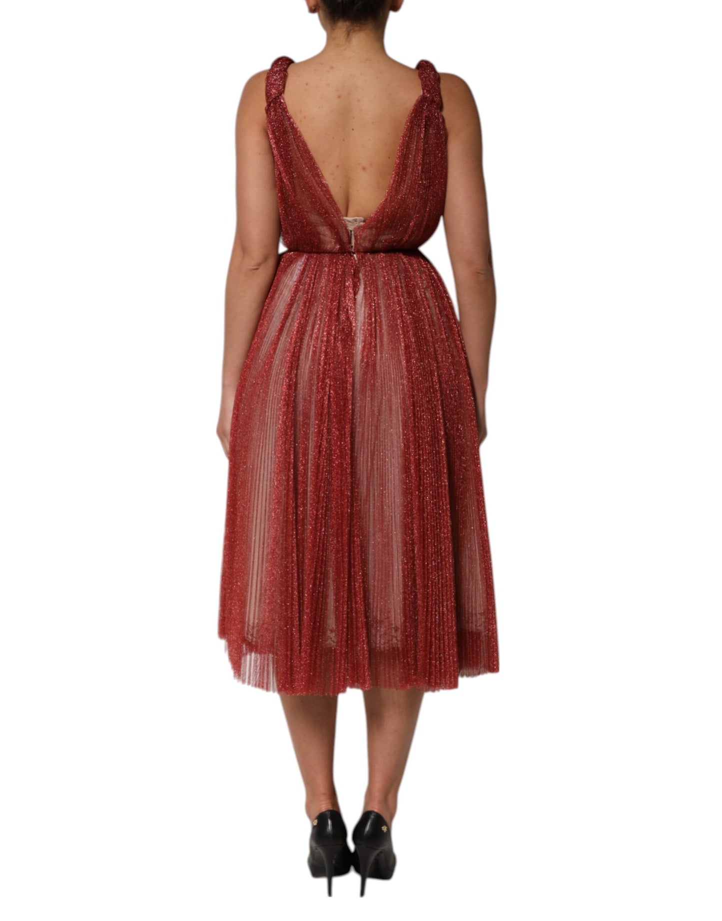 Dolce &amp; Gabbana Burgundy Mesh Sleeveless Midi A-line Dress