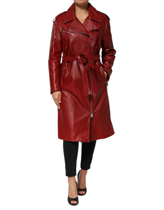 Dolce &amp; Gabbana Red Leather Belted Full Zip Trench Coat Jacket