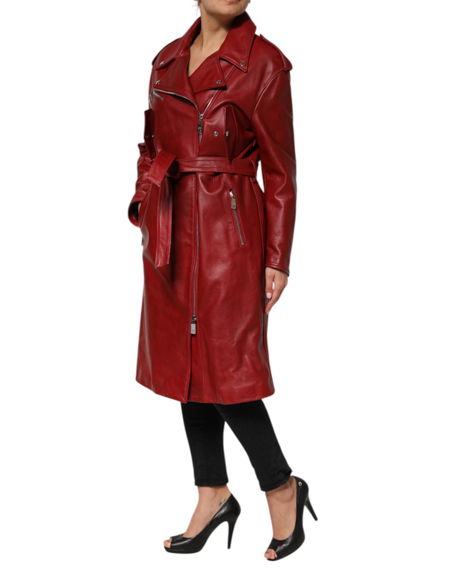 Dolce &amp; Gabbana Red Leather Belted Full Zip Trench Coat Jacket
